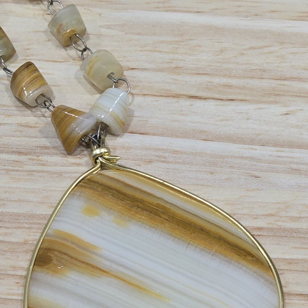 Retro Vintage White Yellow Onyx Mexican Agate Beaded Chain Pendant Necklace - Picture 10 of 12